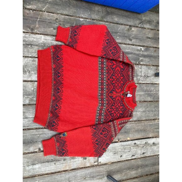 VINTAGE 1995 DALE OF NORWAY EMBROIDERED PEACE SWEATER RED WOOL STYLE AZTEC - Picture 5 of 8